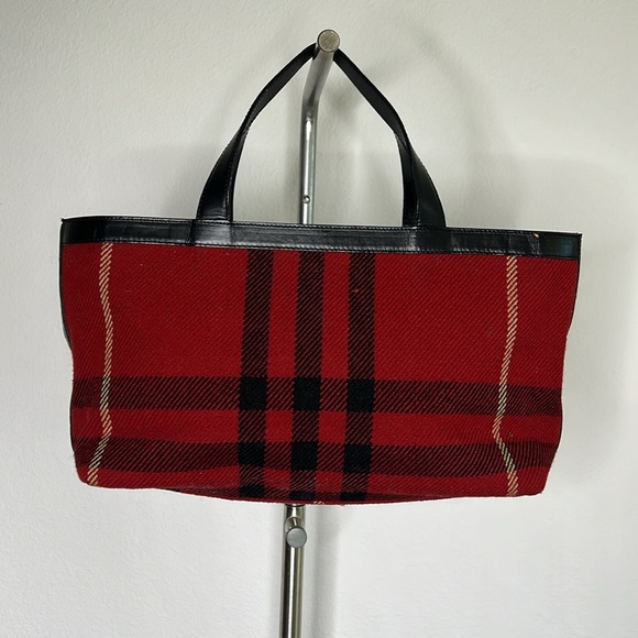 🔹 Burberry Vintage Wool and Leather Plaid Check Tote Bag - Picture 2 of 7